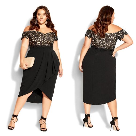 City Chic Size 20 (large) Plus Size Black Lacy Off Shoulder Midi Length Dress (E - Picture 2 of 11